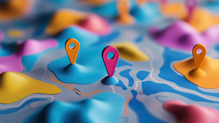 Explore this vibrant 3D map adorned with colorful geolocation markers, showcasing abstract terrain with peaks and valleys, perfect for navigation and creative visualization.の素材