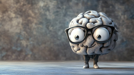 A charming cartoon brain character with glasses and a cheerful demeanor, ideal for showcasing concepts of learning, creativity, and intelligence in a fun way.の素材