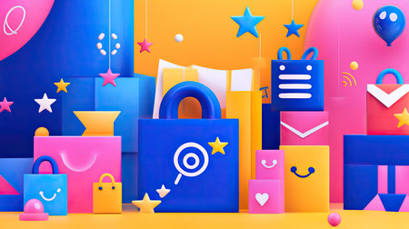 Bright and cheerful illustration featuring animated shopping bags, decorative stars, and balloons, perfect for marketing or creative projects that focus on fun and vibrancy.の素材