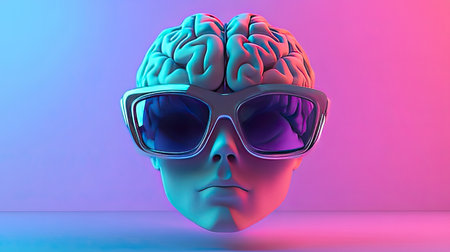 This striking image features a brain adorned with stylish sunglasses set against a vibrant gradient background, perfect for projects focused on creativity and modern concepts.の素材