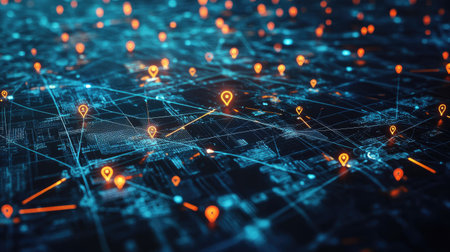 Explore this vibrant abstract graphic showcasing a digital network filled with location pins and bright nodes, symbolizing global data connections and technological communication.の素材