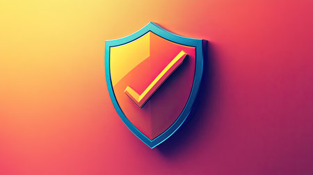 Eye-catching shield icon featuring a check mark emblem on a vibrant gradient background. Ideal for conveying themes of security, trust, and assurance in various digital applications.の素材