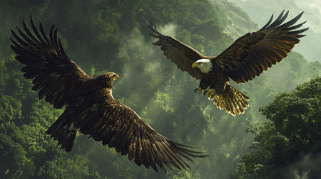 Two magnificent eagles soar majestically through a vibrant green jungle, their powerful wings spread wide as sunlight pierces the mist, creating a stunning spectacle of nature.の素材