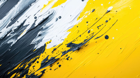 Vibrant abstract artwork featuring bold splashes and streaks in yellow, black, and white, creating a dynamic and modern composition suitable for various design projects.の素材