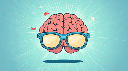 Bright and playful illustration of a brain wearing stylish glasses, symbolizing intelligence and creativity, perfect for educational materials or promotional content.の素材