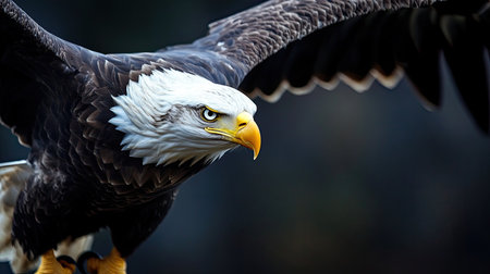 Stunning image of a bald eagle in mid-flight, highlighting its sharp beak and intense gaze. Perfect for wildlife enthusiasts and nature lovers looking for captivating wildlife photography.の素材