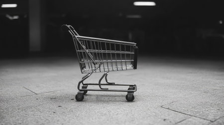 A striking image of an empty shopping cart resting on a smooth surface in a dimly lit environment, reflecting themes of consumer habits and the retail experience in urban life.の素材