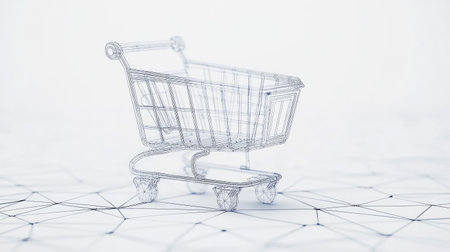 A 3D wireframe shopping cart in a minimalistic setting embodies modern e-commerce trends while representing online retail dynamics and digital consumerism.の素材