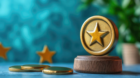 This image showcases a golden star award coin resting on a wooden base, surrounded by gold coins, symbolizing achievement and success in various endeavors.の素材