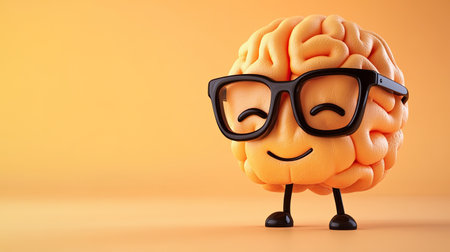 This delightful cartoon brain character wears glasses and sports a big smile on a vibrant orange background, symbolizing intelligence, creativity, and joyful learning.の素材