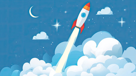 A vibrant illustration of a rocket soaring through fluffy clouds against a starry night sky, evoking feelings of adventure and exploration in the vastness of outer space.の素材