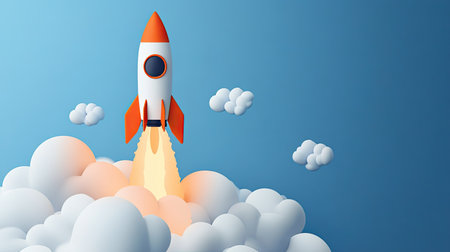 A vibrant rocket ascends into a bright blue sky filled with fluffy clouds, evoking themes of innovation and exploration, perfect for inspiring creativity and dreams.の素材