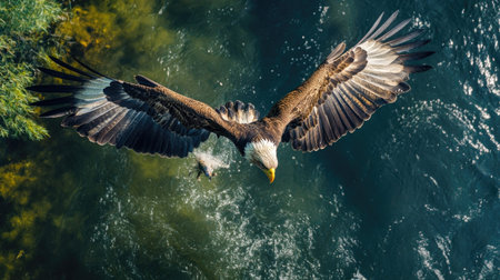An awe-inspiring eagle glides gracefully above a shimmering water surface, poised to dive for fish. Discover the beauty and power of wildlife in this serene moment.の素材