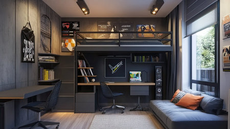 Explore a modern bedroom featuring a lofted bed, dedicated workspace, and comfortable seating, perfect for maximizing space while blending style and functionality.の素材