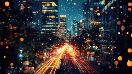 A breathtaking cityscape at night showcasing vibrant lights and cascading snowflakes that evoke a magical winter wonderland in a bustling urban setting.の素材