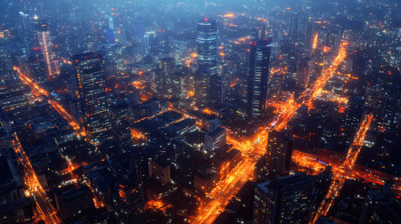 Explore a stunning aerial view of a bustling city at night, showcasing bright lights, traffic flow, and the intricate patterns of urban life in a modern metropolis.の素材