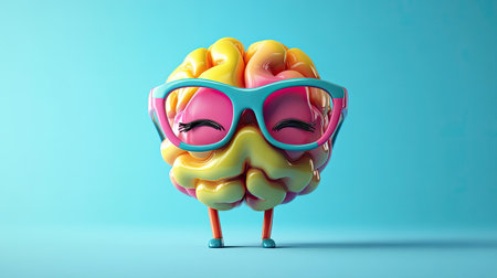This vibrant and playful cartoon brain character, wearing oversized glasses, radiates joy and creativity. Ideal for educational materials, marketing, or social media content focused on fun learning.の素材