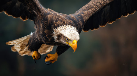 A striking image of a bald eagle soaring through the air, showcasing its powerful wings, sharp beak, and piercing gaze, embodying the essence of freedom in nature.の素材