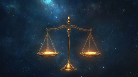 This captivating image features a golden scale set against a cosmic backdrop, symbolizing justice, balance, and fairness while highlighting the interconnectedness of law and the universe.の素材