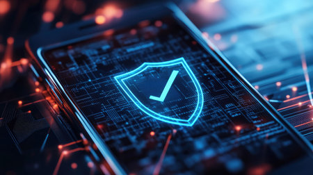 This image showcases a smartphone with a glowing checkmark symbol on a circuit-like background, representing digital security and protection in a modern technological landscape.の素材