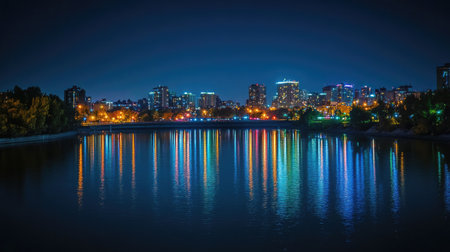 Captivating night view of a city skyline reflecting on tranquil water, showcasing colorful lights and modern architecture for a stunning urban experience.の素材