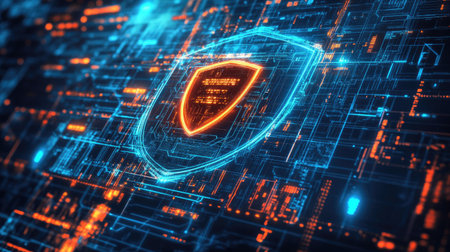 This image illustrates a vibrant digital shield symbolizing cybersecurity, featuring neon colors and intricate circuit patterns, perfect for technology and innovation themes.の素材