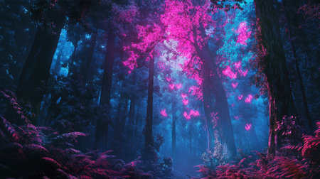 A surreal forest scene featuring vivid pink trees and ethereal light, creating a magical and enchanting atmosphere filled with tranquility and nature's beauty.の素材