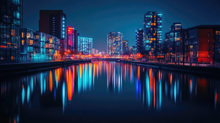 This stunning night view captures a vibrant city skyline reflecting on calm water, showcasing modern architecture and colorful lights that create a captivating urban atmosphere.の素材