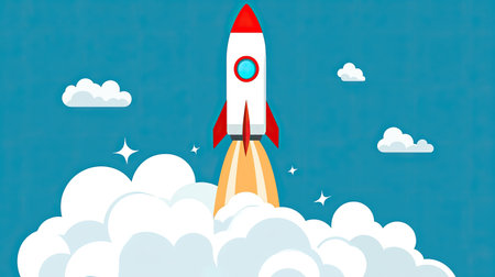 A vibrant illustration of a rocket launching into a clear blue sky surrounded by fluffy clouds and shining stars, evoking feelings of adventure and exploration in a whimsical style.の素材
