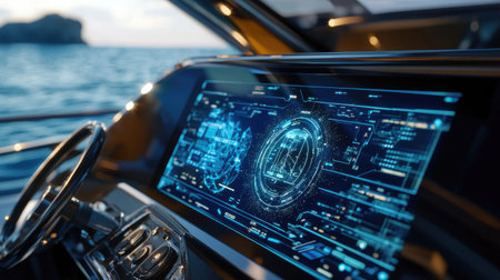 Experience the beauty of a technologically advanced yacht with a sleek navigation dashboard that enhances your journey on the open water, merging luxury with innovation.の素材
