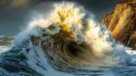 A stunning image of a powerful ocean wave crashing against dramatic coastal cliffs, vividly illustrating the raw energy and beauty of nature in this breathtaking scene.の素材