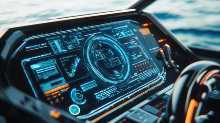 A sleek futuristic control panel features illuminated digital information and navigation systems, blending technology with an oceanic theme, perfect for science fiction projects.の素材