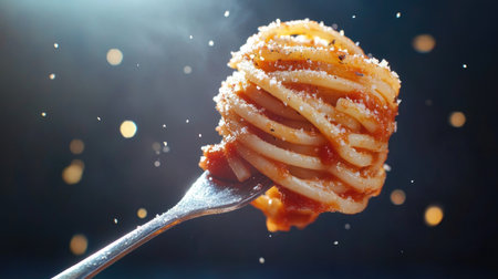 A mouthwatering close-up of a fork holding spaghetti coated in rich tomato sauce and sprinkled with cheese, set against a dreamy bokeh background. Perfect for food enthusiasts!の素材