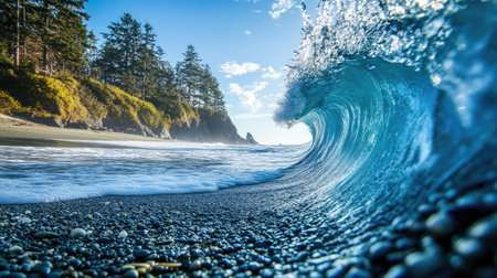 A breathtaking view of a vibrant ocean wave crashing against a rocky beach, framed by green hills and a clear blue sky, perfect for nature and travel enthusiasts.の素材