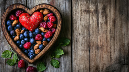 A heart-shaped wooden bowl filled with fresh berries and almonds, featuring a prominent strawberry, ideal for healthy eating, romantic gestures, and creative presentations.の素材