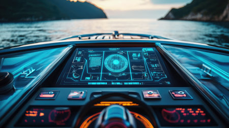 A cutting-edge boat dashboard showcases advanced technology with a detailed navigation display at sunset over tranquil waters, capturing a sense of adventure and exploration.の素材