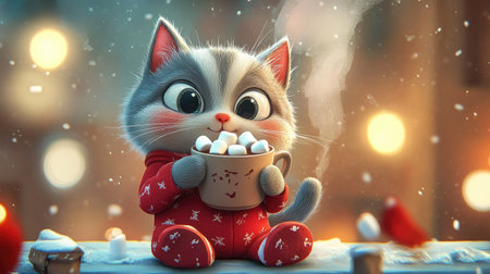 A cute cartoon cat in red pajamas holds a mug of marshmallows against a cozy winter backdrop. This charming image captures the joy of warm drinks and festive spirit.の素材