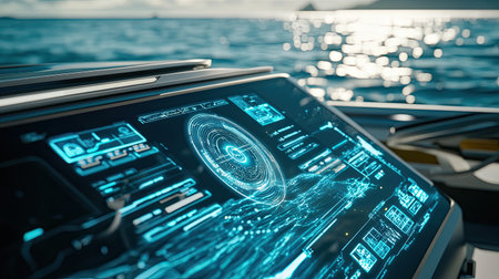 Close-up of a sophisticated dashboard on a yacht featuring advanced navigation tools and data visuals, set against a shimmering ocean scene.の素材