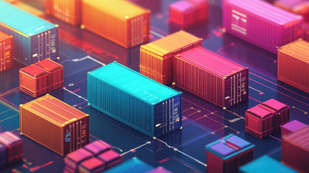 A vibrant and colorful representation of cargo containers arranged in a digital network, highlighting modern logistics, supply chain management, and the efficiency of transportation systems.の素材