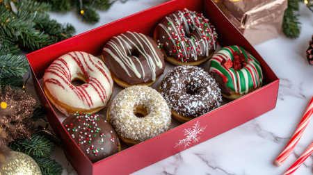 A vibrant assortment of festive donuts displayed in a decorative red box, perfect for holiday festivities, featuring colorful icing, sprinkles, and delightful flavors.の素材