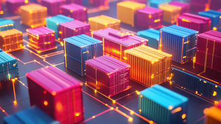 A vibrant digital scene featuring colorful shipping containers illuminated by neon lights, representing modern logistics and innovative transportation methods in an abstract setting.の素材