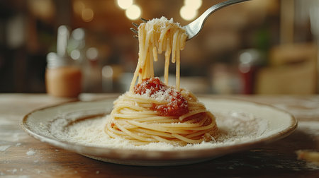 Forkful of spaghetti pasta with a touch of marinara sauce and grated cheese against a rustic plateの素材