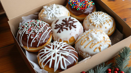 Festive donuts in a box with winter-inspired decorations, snowflakes, and holiday sprinklesの素材