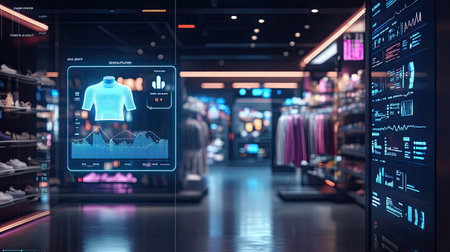 Explore a modern retail space showcasing innovative clothing technology, featuring a digital display with stylish apparel and advanced shopping ambiance reflecting the future of retail experience.の素材