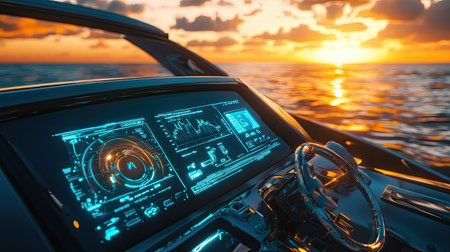 Futuristic digital yacht with AI-powered dashboard in the ocean at sunset, technology themeの素材