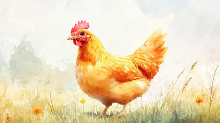 This artwork showcases a vibrant chicken in a lush pasture, surrounded by delicate flowers, embodying the charm of rural life and the beauty of nature.の素材