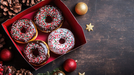 A delightful assortment of festive donuts in a red box, surrounded by holiday decor like pinecones and ornaments, capturing the essence of seasonal celebrations.の素材