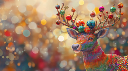 Festive reindeer element with vibrant antlers decorated with ornaments, set against a cheerful holiday backgroundの素材