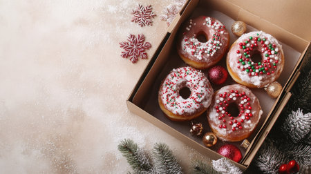 Festive donuts in a box with winter-inspired decorations, snowflakes, and holiday sprinklesの素材