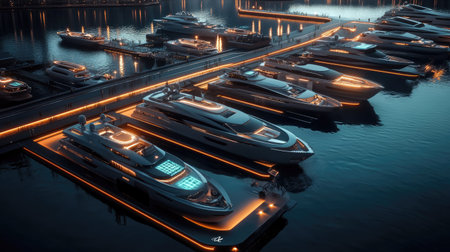 Futuristic marina with smart yachts docked, AI assisted maintenance systems in actionの素材